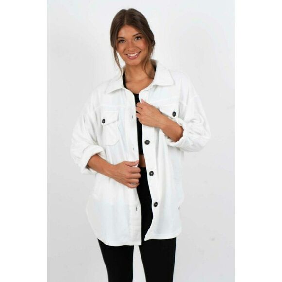 Zenana Outfitters Jackets & Blazers - Zenana All About the Fleece Button-Down Shacket in Off White S-L QJ-4003D4